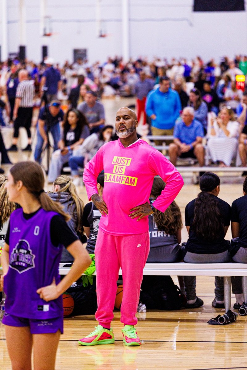 Coach Jamal Woodson working the sideline at a SLAAM tournament.