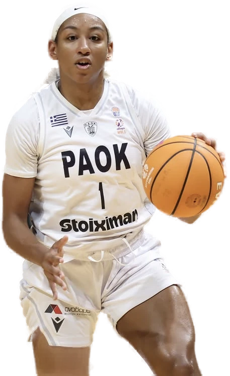 Perri Page dribbling in her white PAOK number 1 jersey